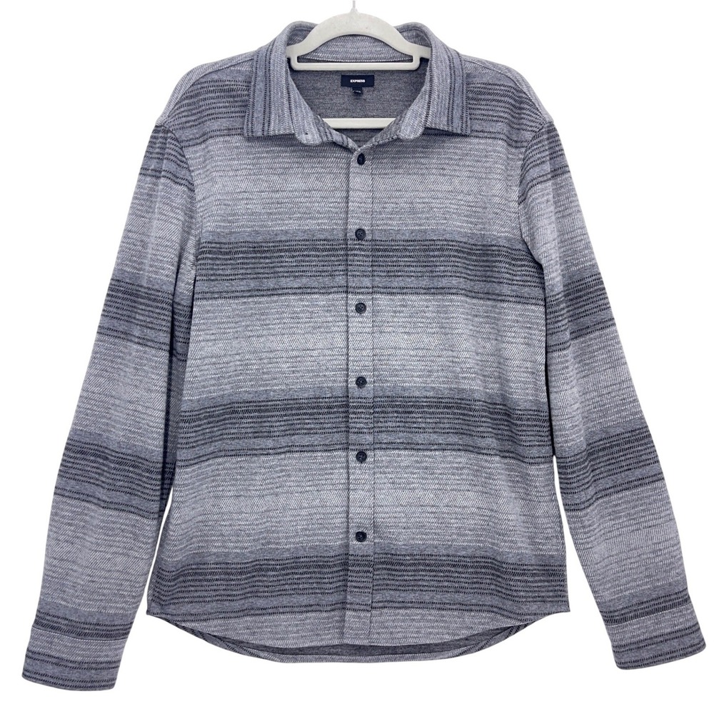 Express Black Gray Button Down Flannel Shirt M Striped Long Sleeve Knit Casual